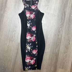 Floral Panel Black Bodycon Dress - Unbranded